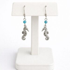 Silver Seahorse Dangle Earrings Turquoise Bead Coastal